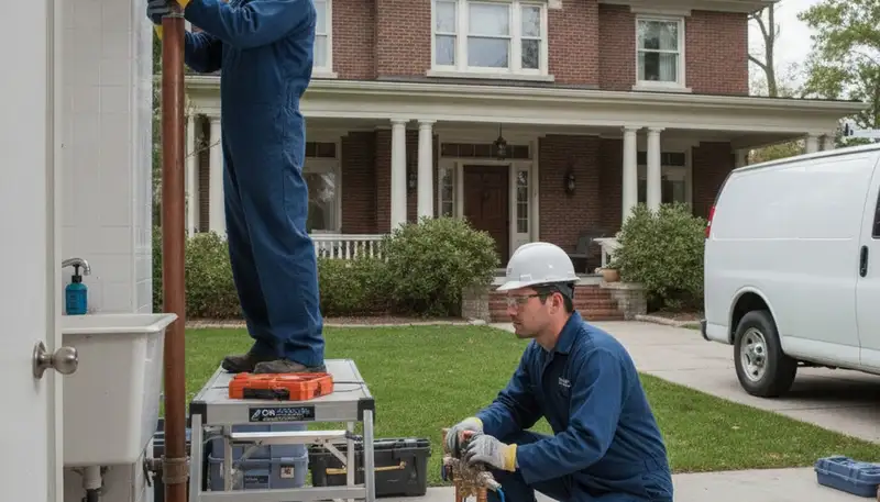 Professional Detroit, MI plumber repairing a leaking pipe for residential plumbing service