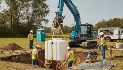 Detroit, MI plumbers installing a septic tank for an older home with precise excavation and placement