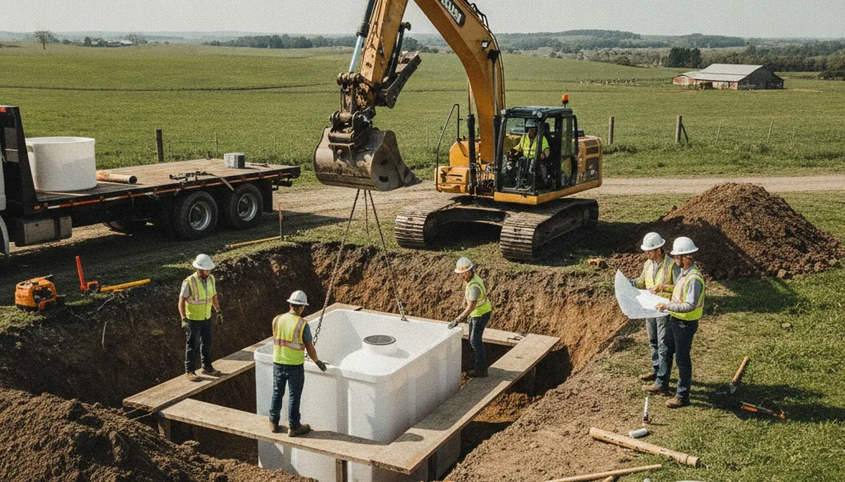 Detroit, MI plumbers installing septic tank for older home, service truck on site