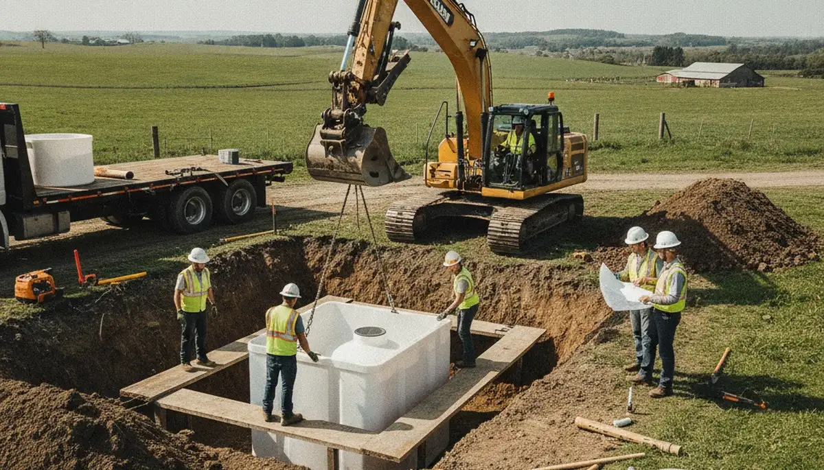 Detroit, MI plumbers installing septic tank for older home, service truck on site